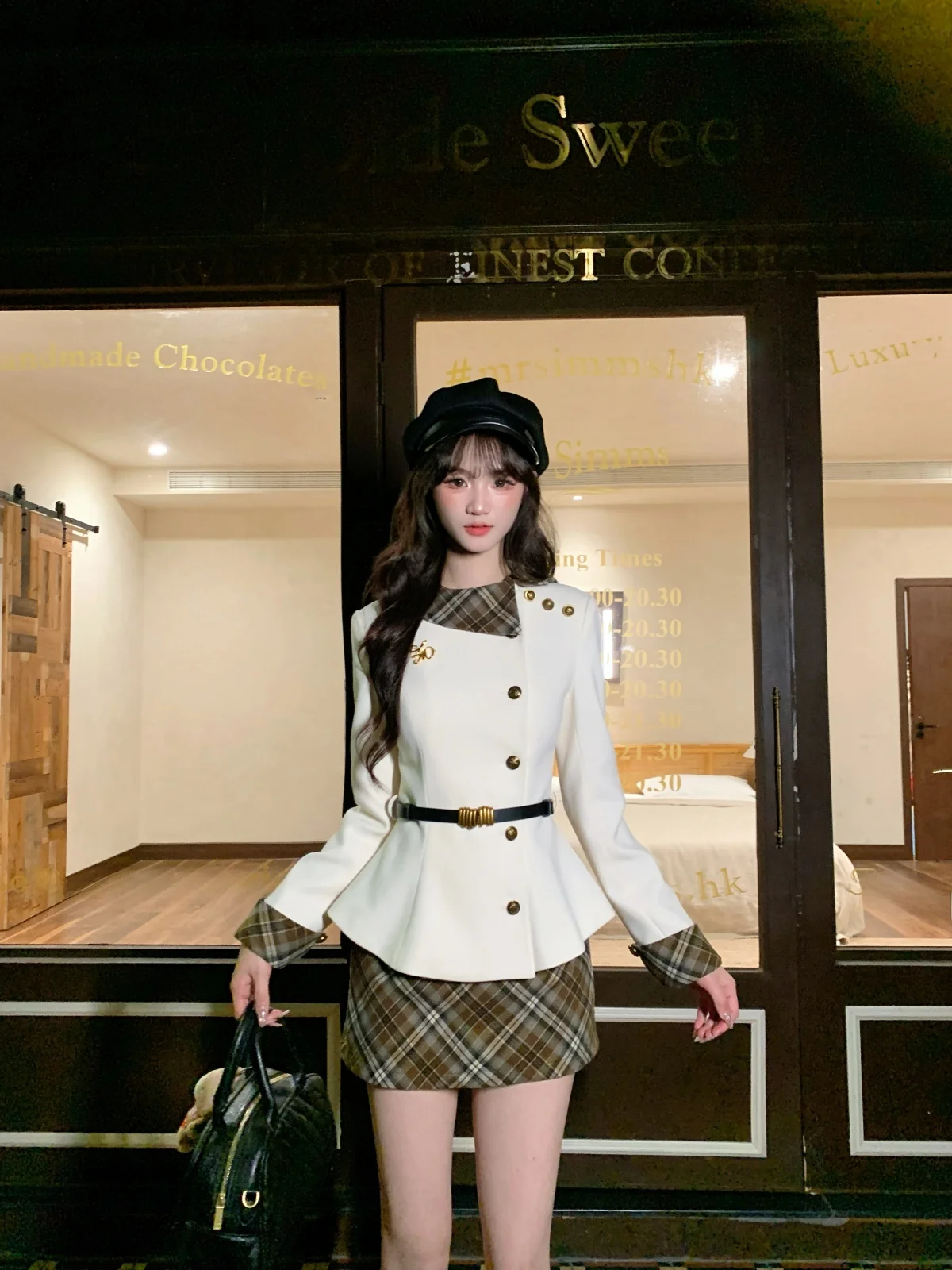 

Musefi Korean Sle White Knight Briti Lady Suit Women's Faion Set with Coat And f Skirt High Waist Plaid Design