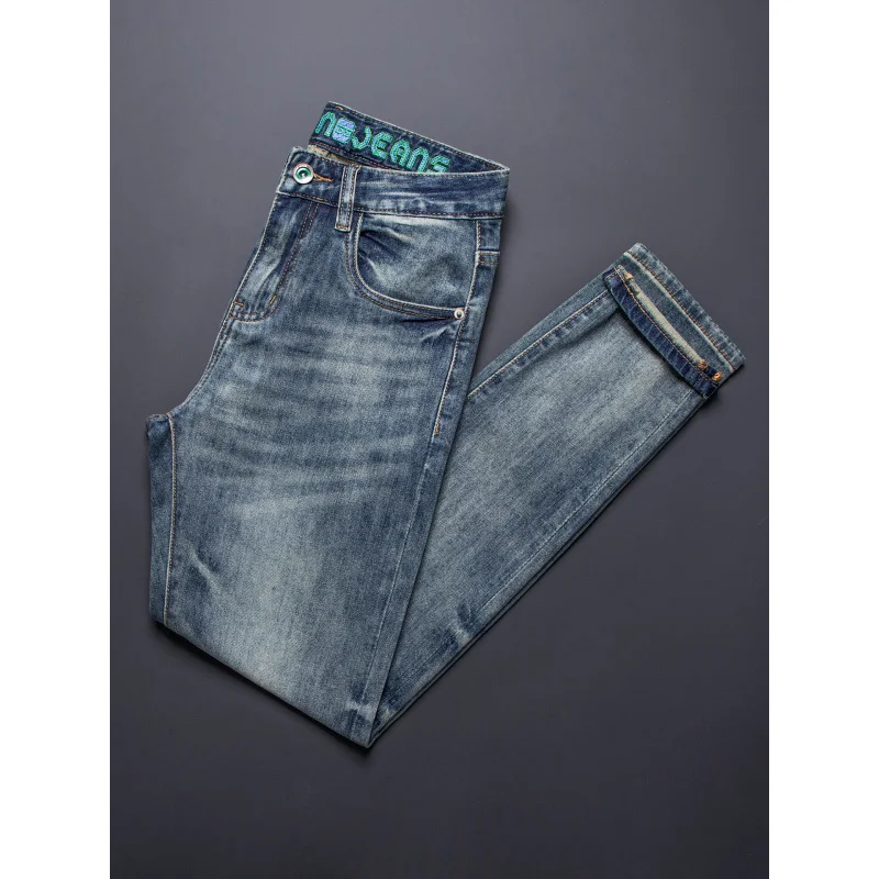 Celana jeans pria kualitas tinggi musim panas tipis elastis potongan ramping trendi versi Korea modis bordir retro