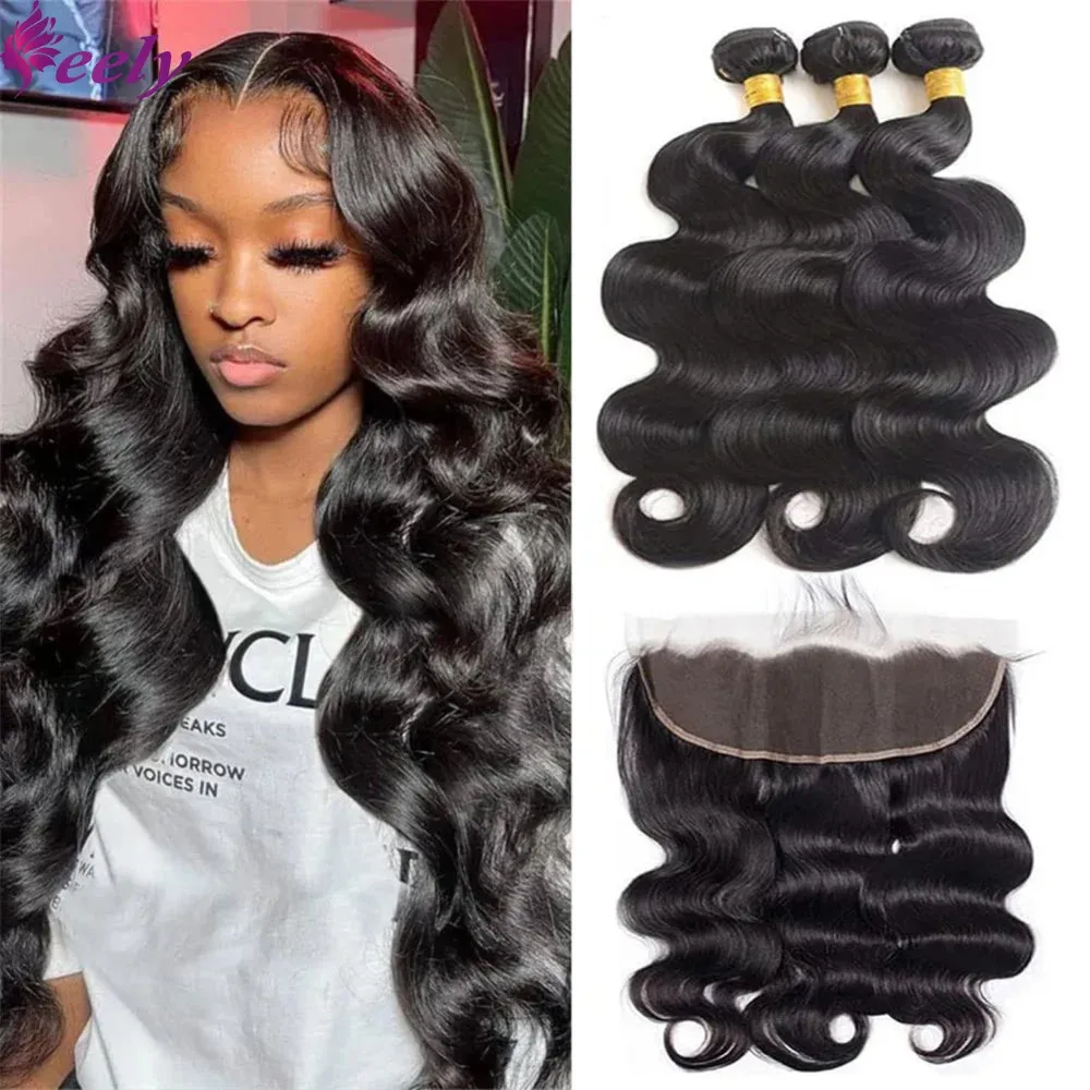 Body Wave Frontal With Bundles Human Hair Brazilian Virgin Hair Bundles With Closures 13x4 Lace Frontal Natural Black For Women