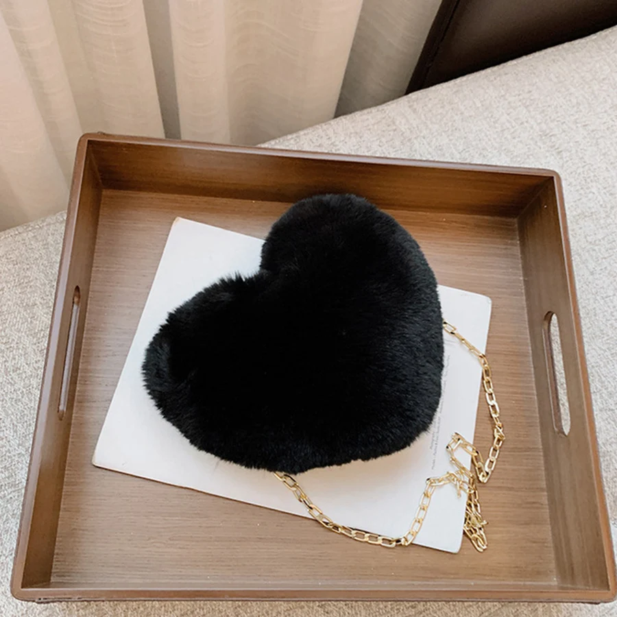 Fashion Fluffy Women's Heart Shaped Handbags Cute Kawaii Faux Fur Crossbody Bags Wallet Purse Plush Chains Shoulder Bag Handbags view 2