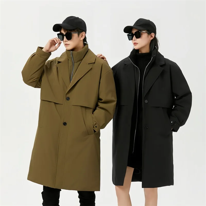 Men Trench Solid Single Breasted Coats Turn Down Collar Spliced Fake Two-piece Jacket Pockets Loose Fit  High Street 2025
