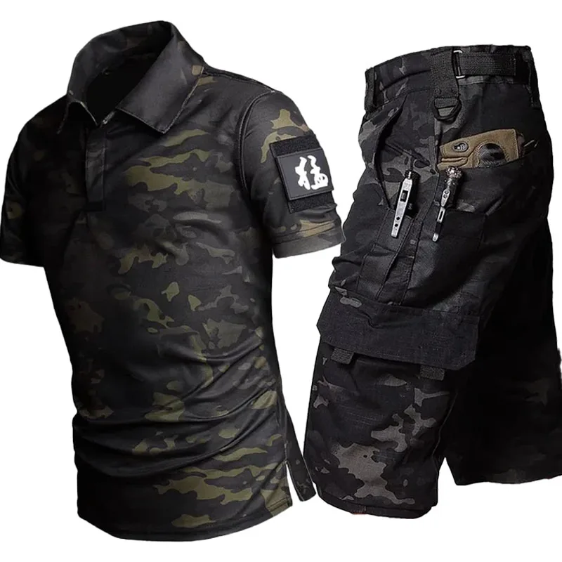 Thin Summer Outdoor Tactical Set Men Camouflage Quick Drying T Shirt +Waterproof Multi Pocket Cargo Shorts 2-pcs Set Combat Suit