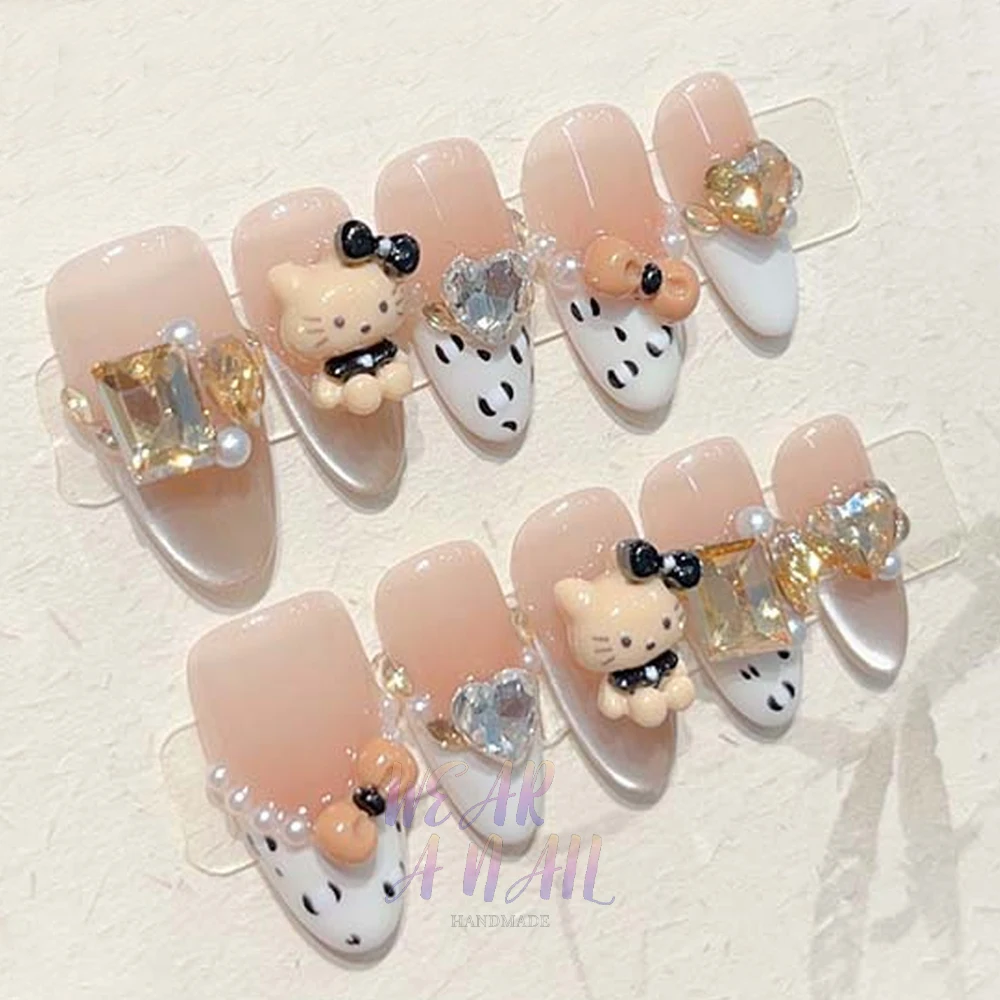 Faux Ongles Faits à la Main en Forme d'Oeil de Chat et d'Amande, Décoration Papillon à Paillettes Françaises, Couverture Complète, N64.10 Pièces