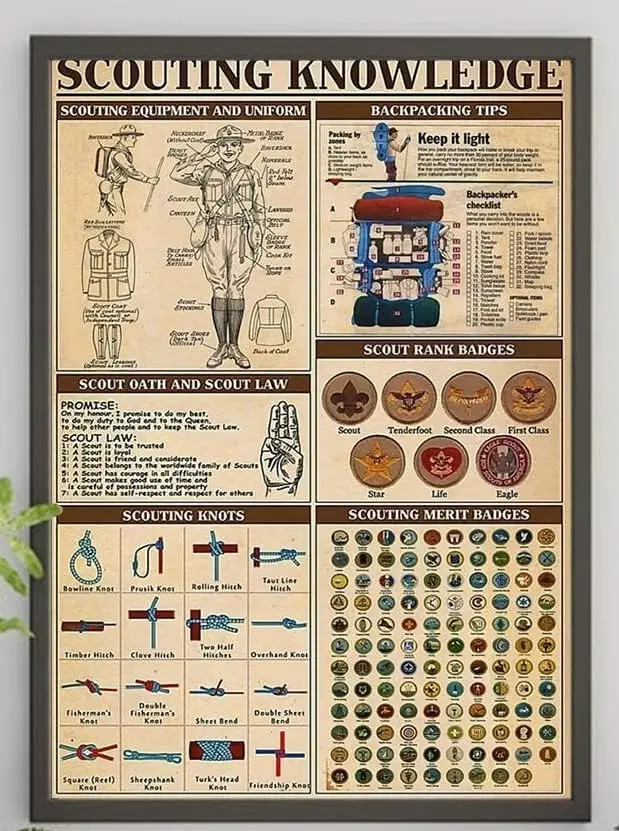 Retro Metal tin Sign Funny Scouting Knots Art Print Scouting Merit Badges Knowledge Sign For Home Cave Garage bar Wall