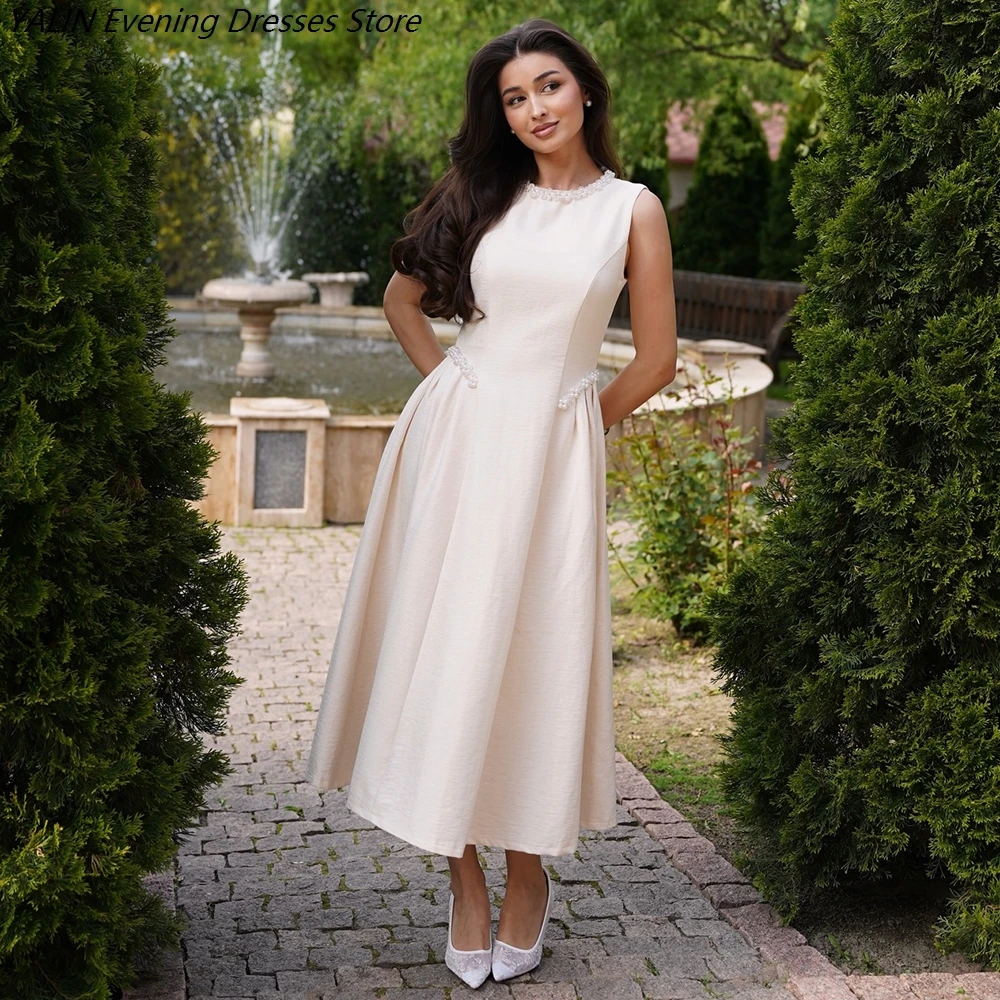 

Women's A-line Evening Dresses Tea-length O-neck Sleeveless Prom Dresses Fashion Beading Simple Draped Casual Customized Gowns