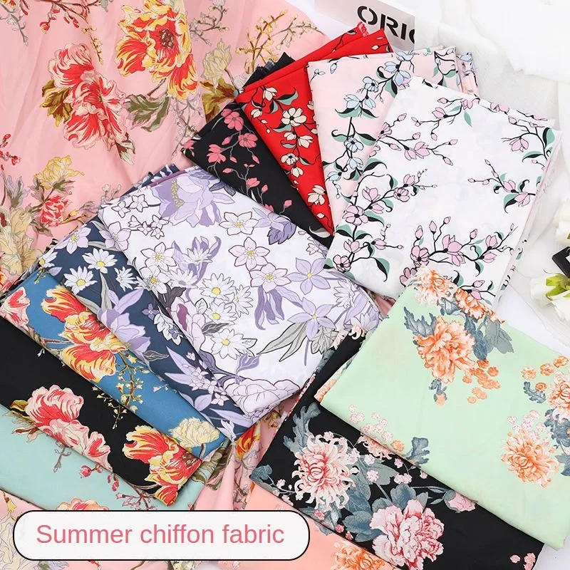 Opaque Printed Floral Chiffon Fabric By Meters for Clothes Dresses Sewing Fashion Colourful Peony Flower Pattern Cloth Soft Thin