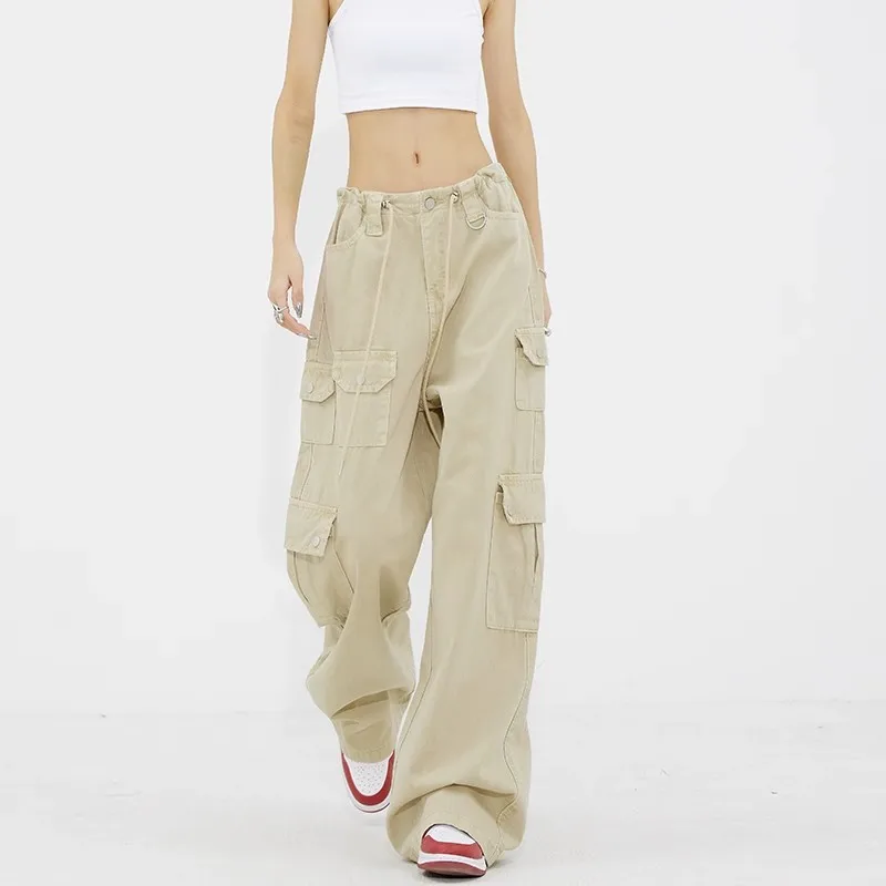 WCFCX STUDIO Y2K High Street Vintage Jeans Women Harajuku Wide Leg Fashion Cargo Pants Green Baggy Pocket Patchwork Trousers