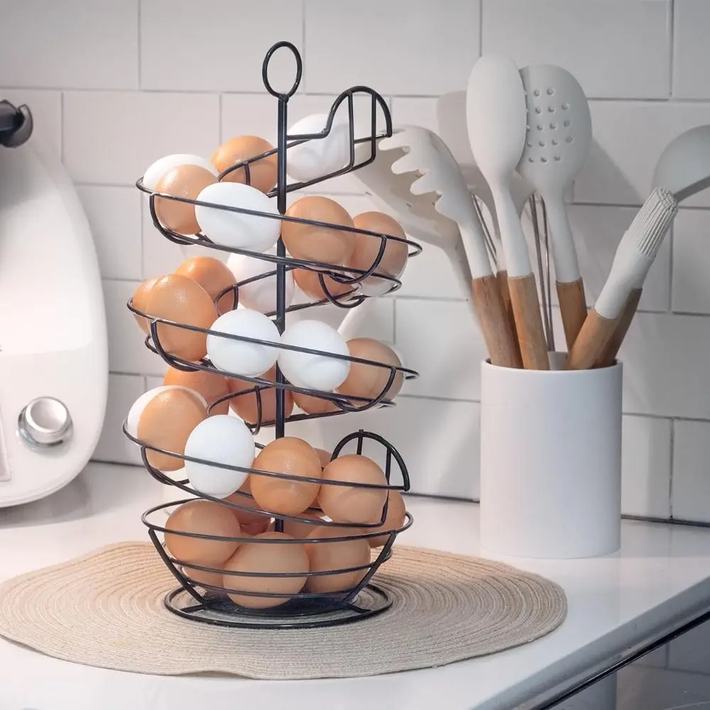 

Легко носить с собой, железный спиральный держатель для яиц, стабильное основание, экономит место, металлический диспенсер для яиц, большая вместительная стойка для хранения яиц, столешница
