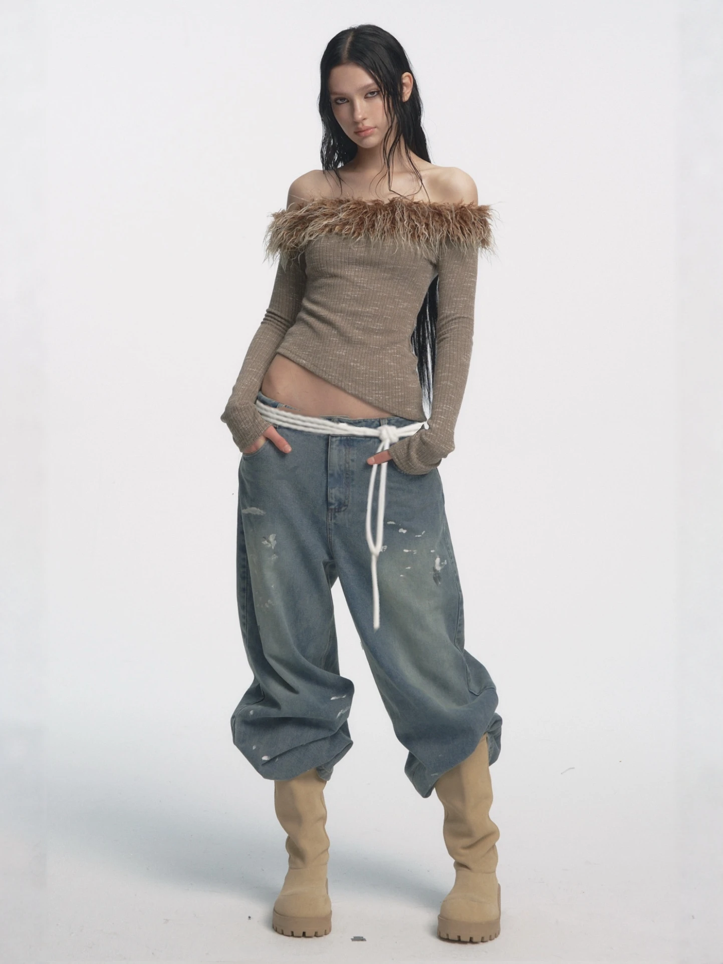 

Muirgen 2025 Новинка: Меховая трикотажная кофта на одно плечо, удлиненная, базовый слой, женская, модная, облегающая, средней длины, для ношения под одеждой, полиэстер...