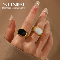 SUNIBI Square Vintage Shell Ladies Ring Stainless Steel White Gold Color Large Chunky Ring Party Jewelry Accessories Gift Dinner