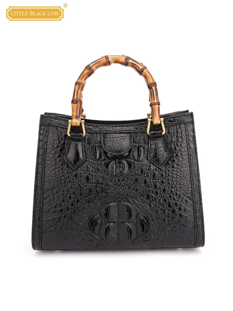 Elegant Women Crocodile Genuine Leather Bamboo Handbag Brand Designer Office Ladies Totes Real Alligator Skin Party Luxury Bag