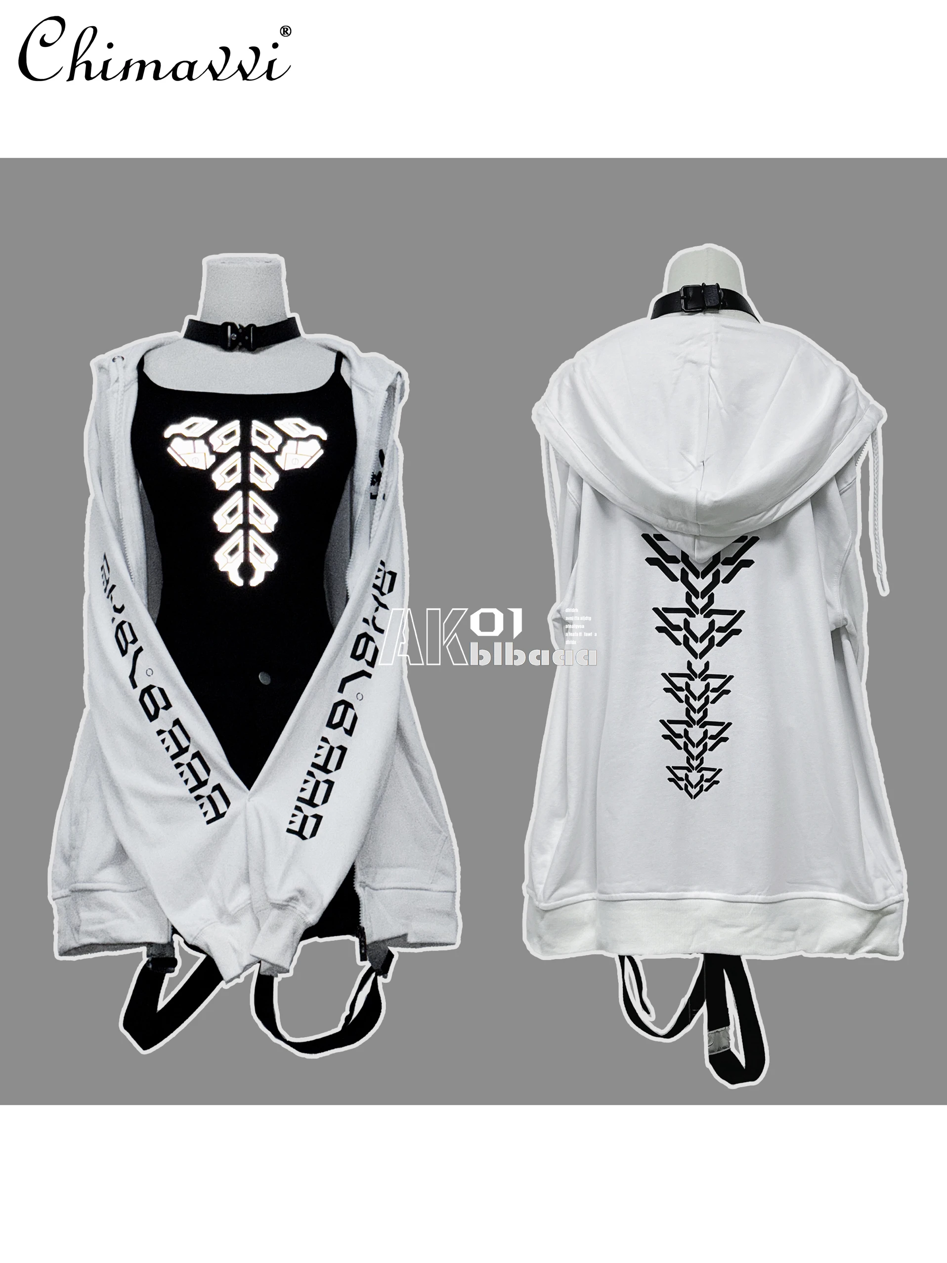 Pure White Mechanical Spine Print Hooded Loose Sweatshirt Jacket Spring and Autumn New Subculture Long-sleeved Girl Women Coat