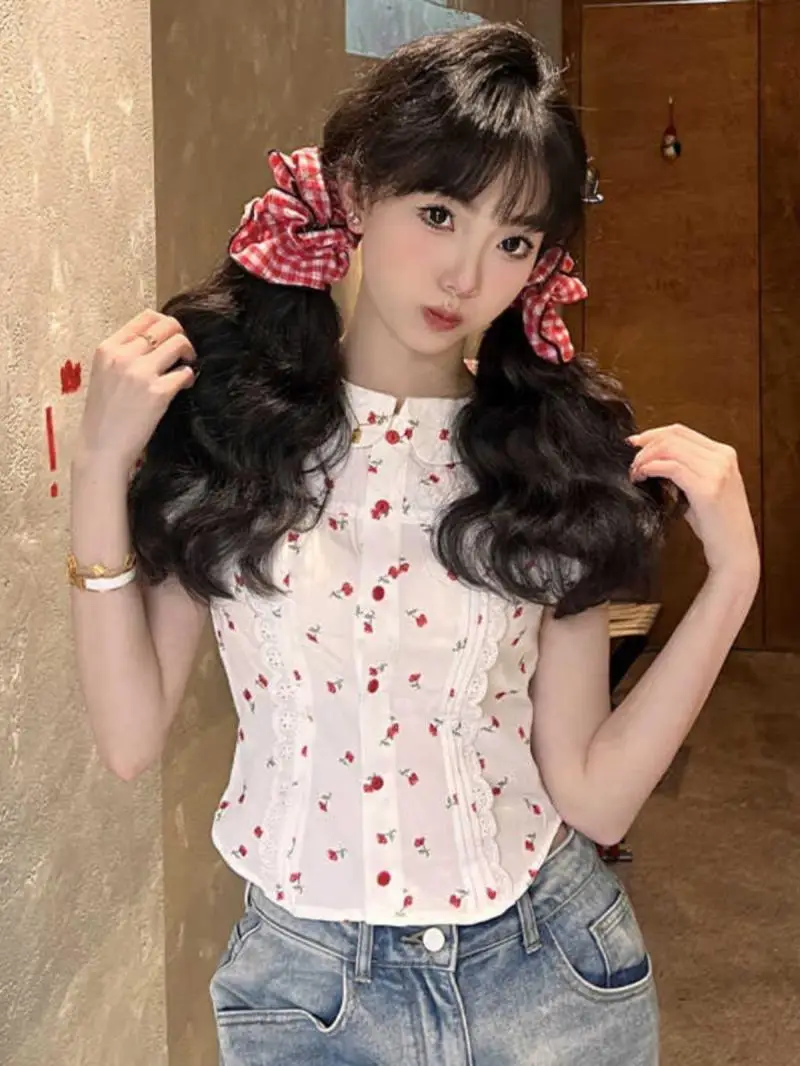 Shirts Women Cherry Printed Slim Peter Pan Collar Korean Style Sweet Lace Summer Cropped Tops Chic Ins Ulzzang Girlish Charming