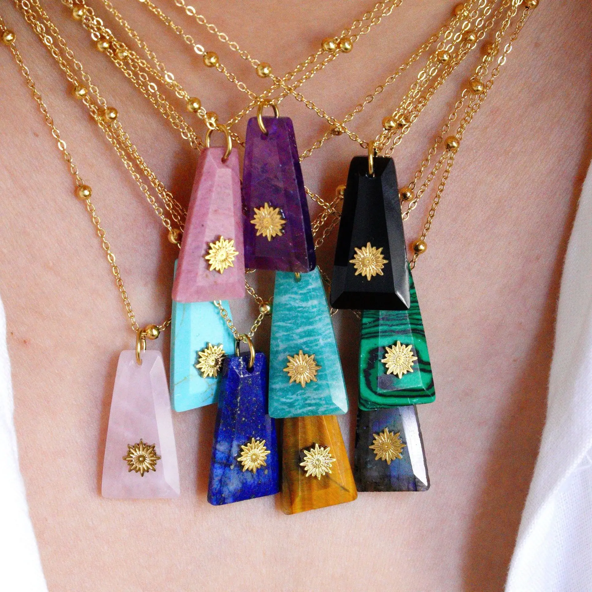New Pendant Necklace Natural Cylinder Stone Geometry Trendy Simple Stainless Steel Choker collar verano peces y acero