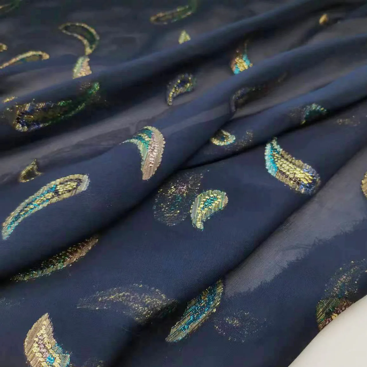 Navy Saree Fabric Shimmer Silk Metallic Shiny Hijab Scarf Craft DIY Sewing Material