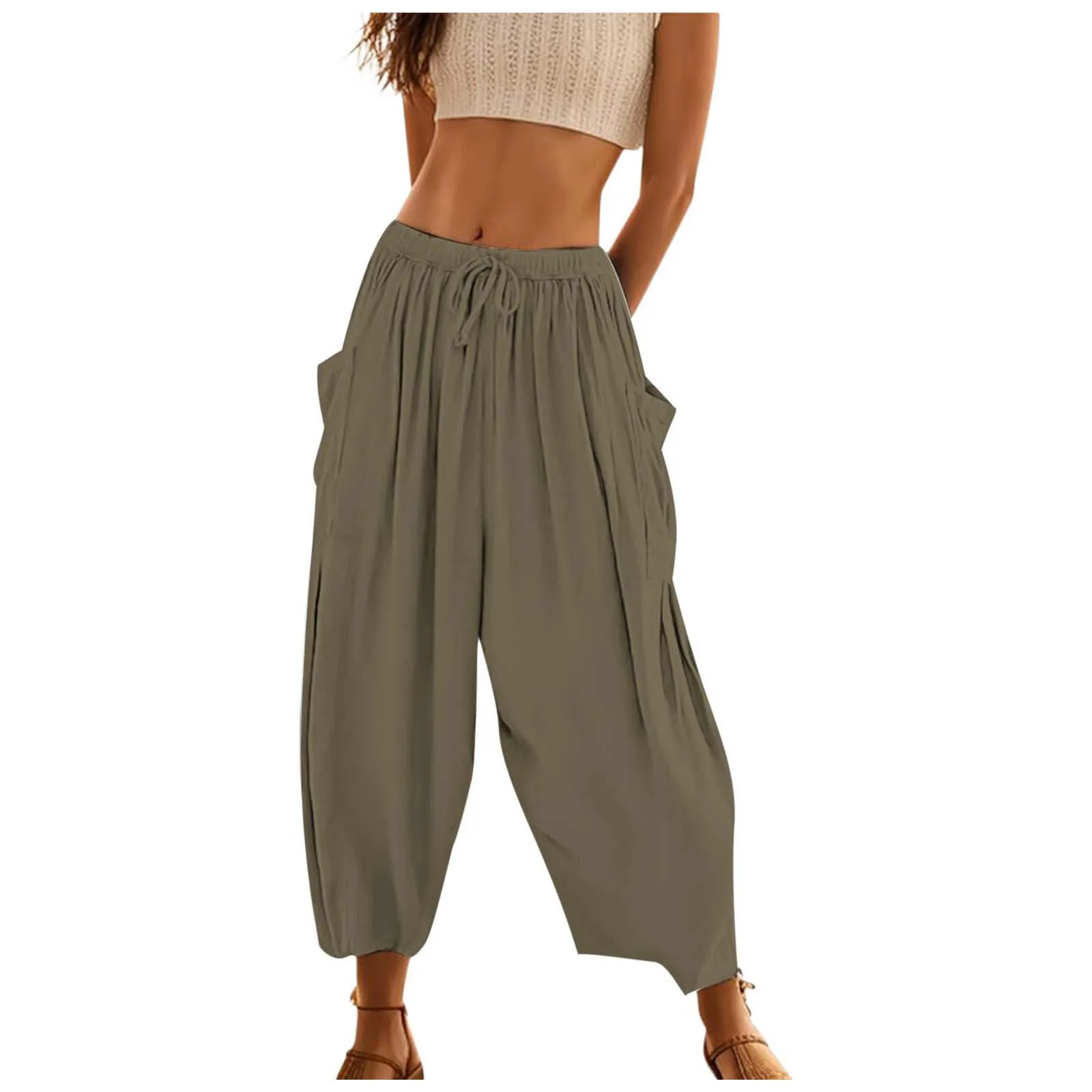 

2024 Cotton Linen Harem Pants Women'S Elastic Waist Loose Comfort Casual Pants Vintage Solid Straight Trousers Summer Streetwear