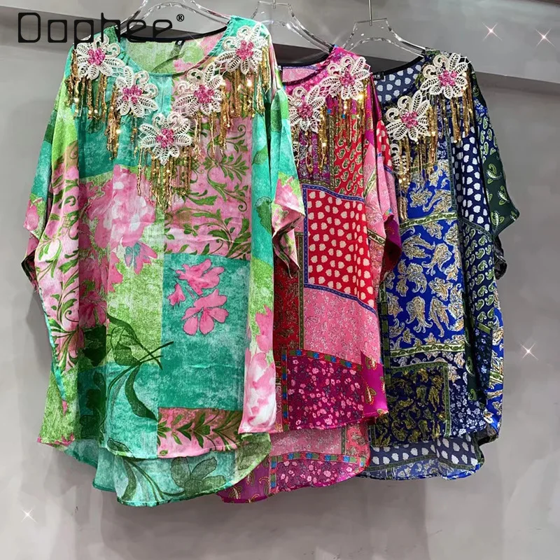 National Style Floral Beaded Chiffon Shirt Women 2024 Summer Mid-Length Round Neck Flower Embroidery Tassel Casual Loose Top