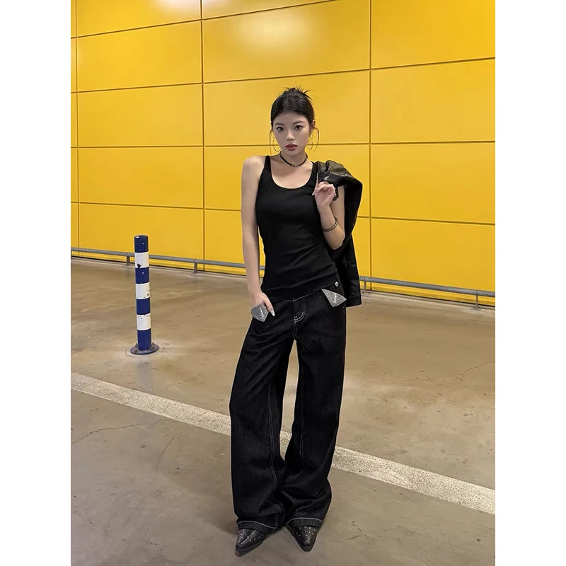 ZHIZOU Women's Baggy Black Jeans Denim Pants American Retro Y2K 2000s Harajuku Cowboy High Street Grunge Streetwear Korean Jeans