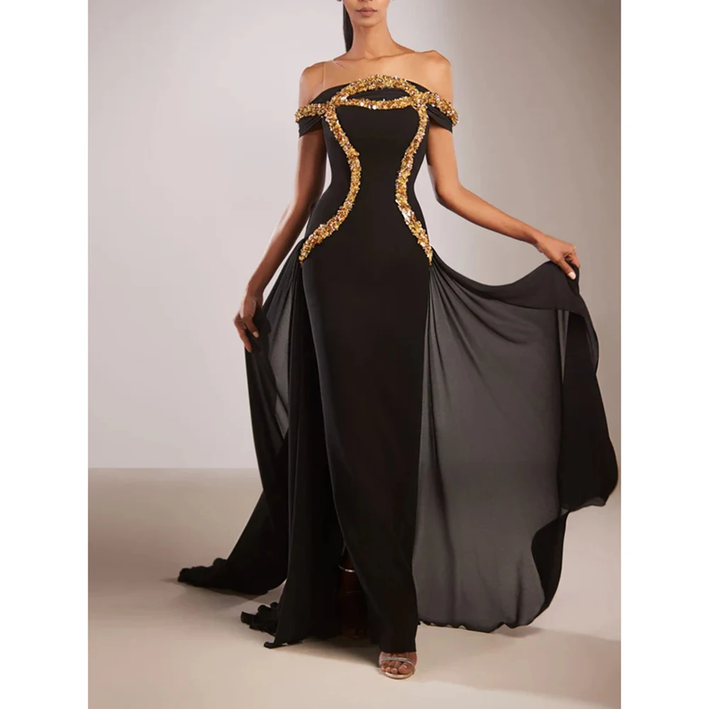 

Customized Trailing Sequined Off Shoulder Shawl Straight Prom Dresses Evening Party Exquisite Cocktail Elegant Evening Dress