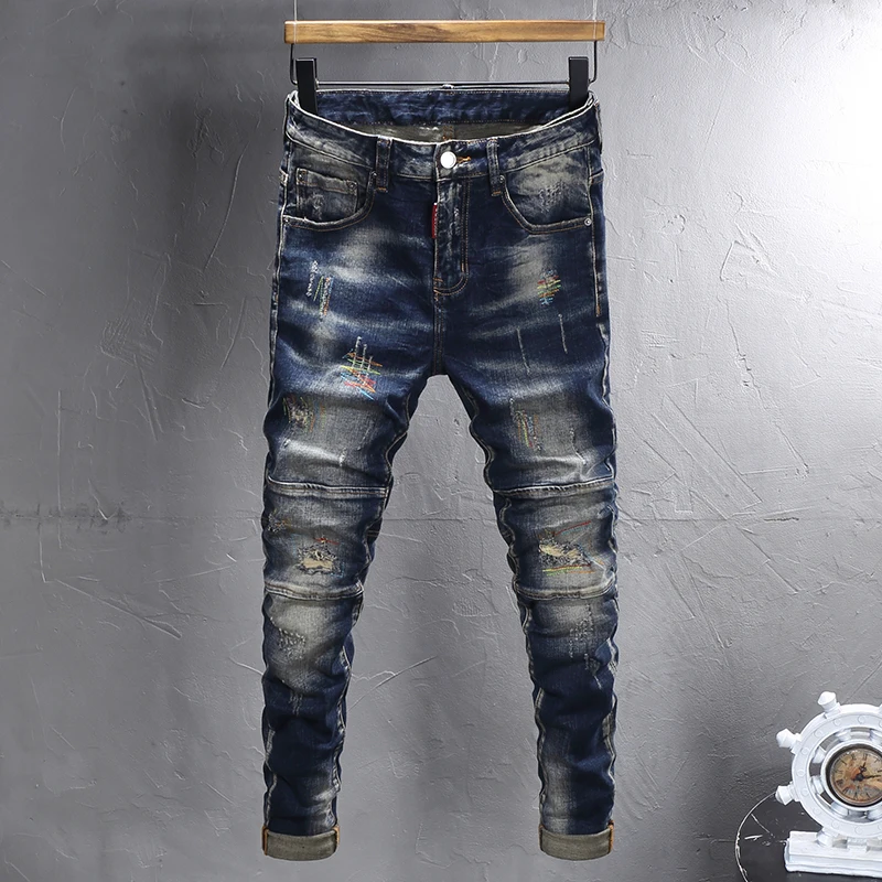 

Street Fashion Men Jeans Retro Dark Blue Stretch Slim Fit Spliced Ripped Jeans Men Embroidery Designer Hip Hop Vintage Pants