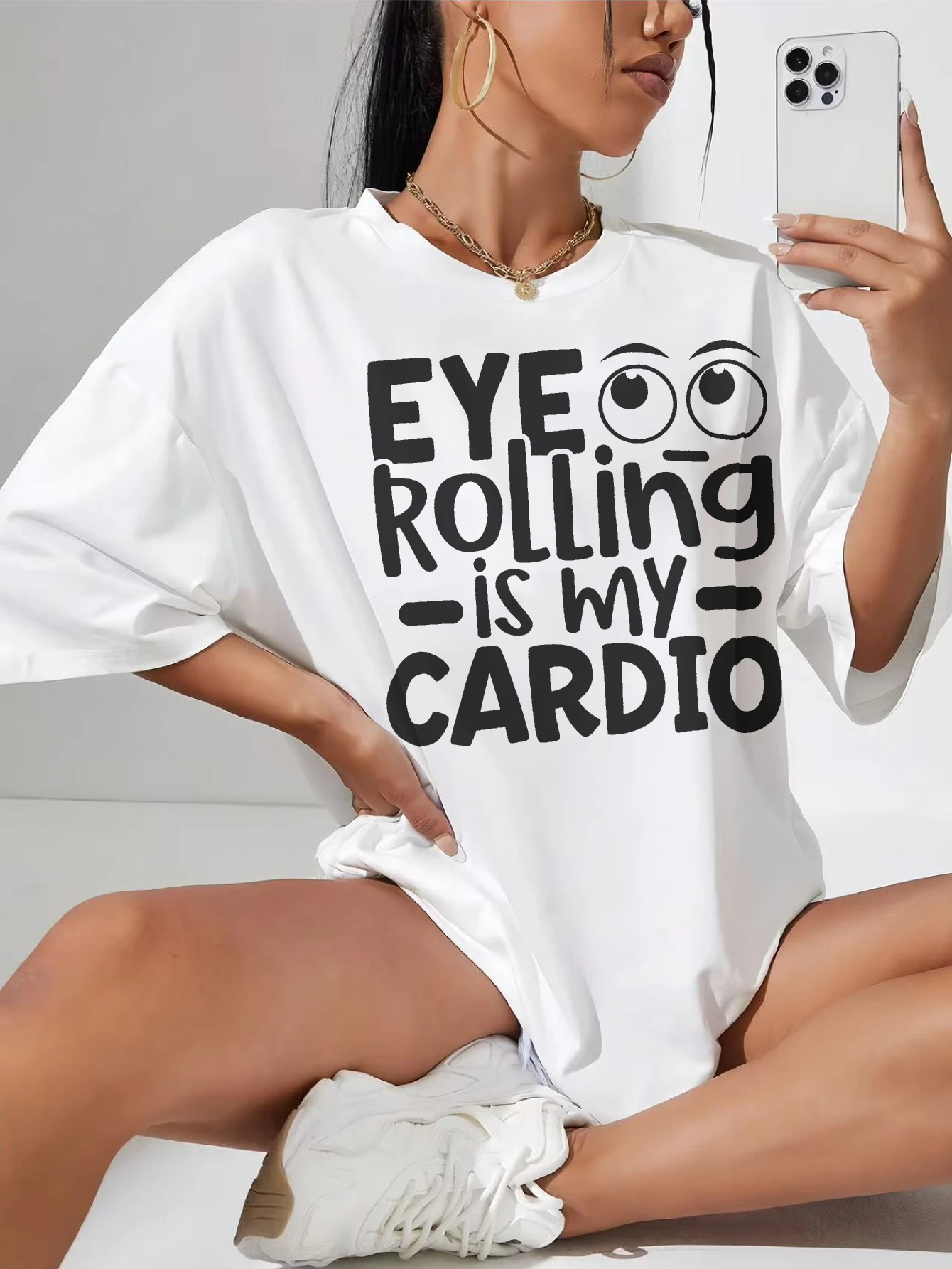 

EyeRolling Is My Cardio Casual White T-Shirt for Women Relaxed Fit Trendy Style for Hot Days Festival Wear