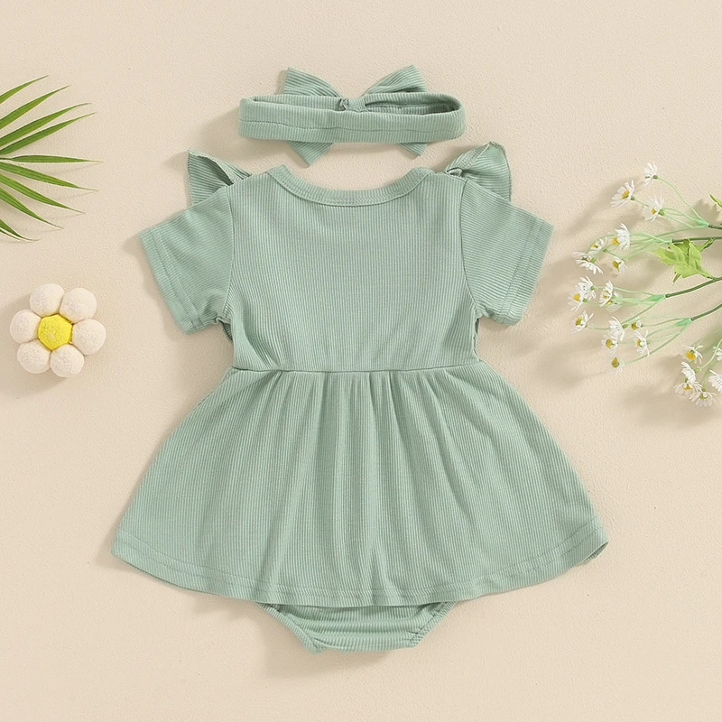 Infant Baby Girl Romper Dress Solid Color Ribbed Ruffled Short Sleeve Round Neck Jumpsuit with Bow Headband Outfits Clothes