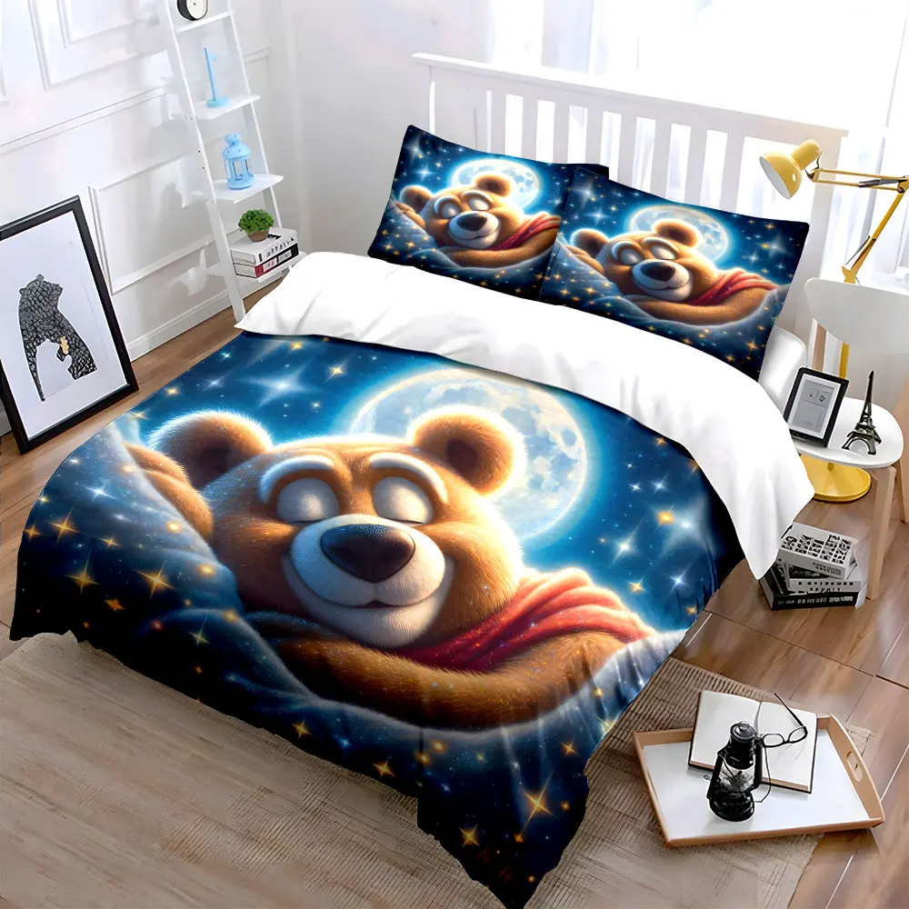 Dreamy bear under moonlight sky Bedding Set for Kids Luxury Gift 3pcs Digital Print Comforter Set Soft Comfortable Breathable