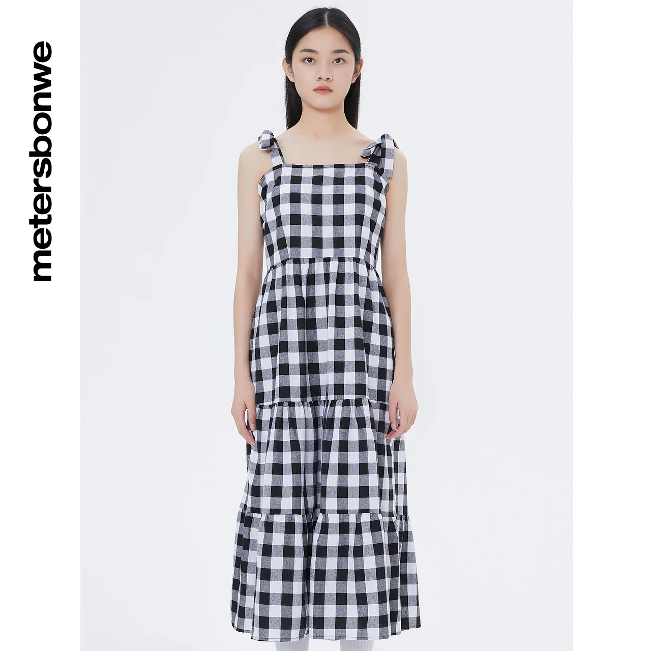 

Metersbonwe Plaid Slip Dress Women Summer Fashion Black And White Check Fit Dress Female Brand High Quality