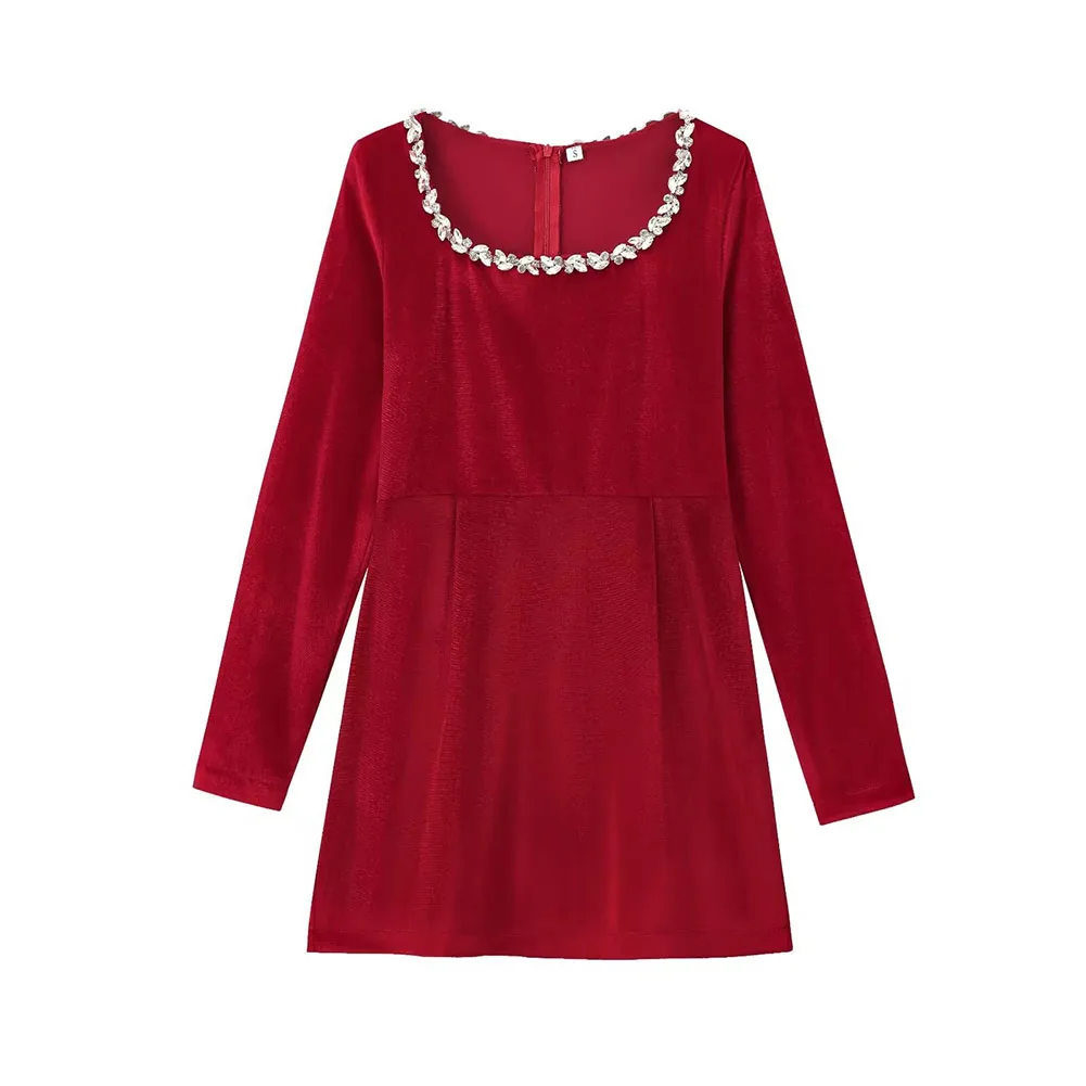 

Classic Women's Long Sleeve Velvet A Line Gown with Beautiful Beading on the Collar Perfectly Suited for Seasonal Events