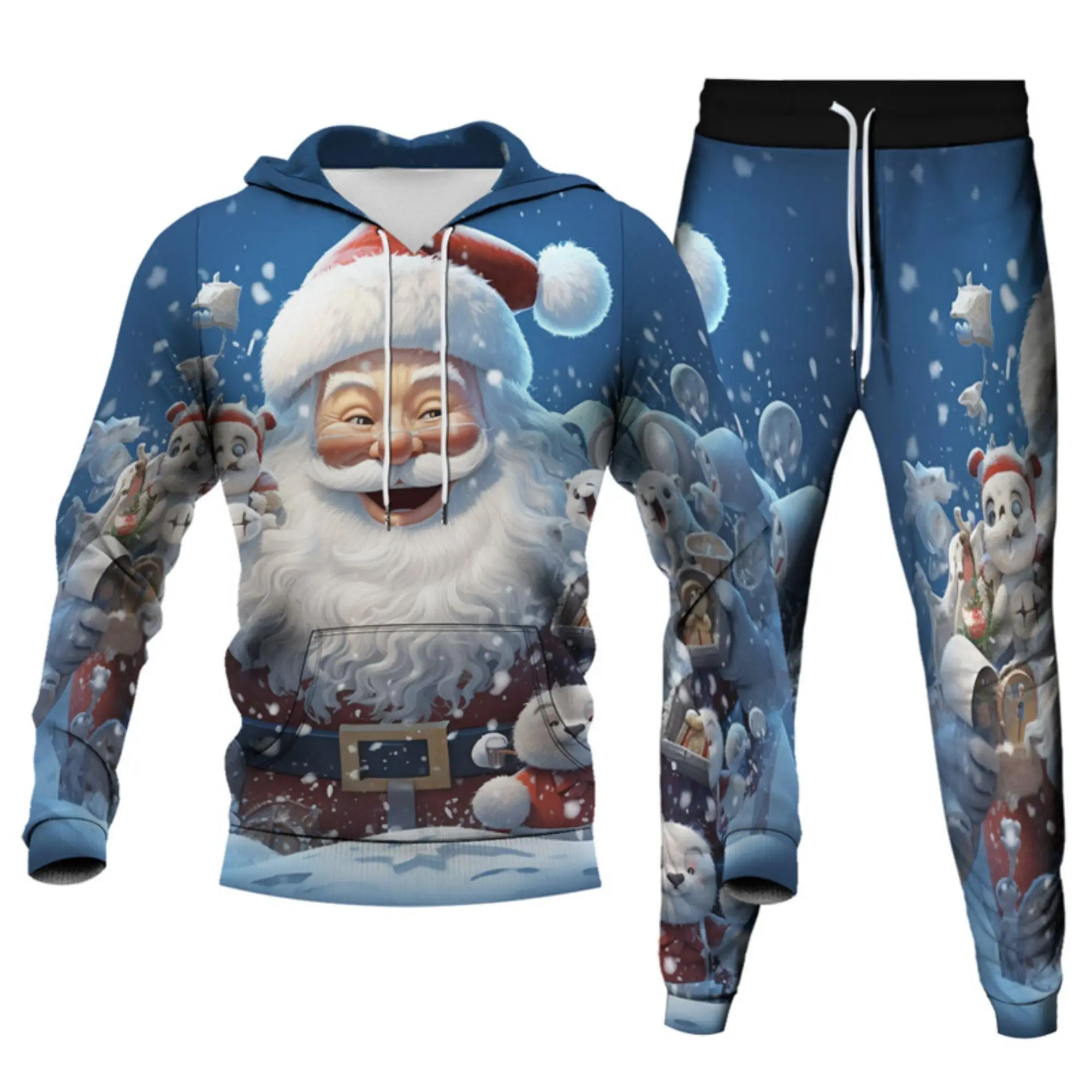 2024 New Unisex 3D Christmas Santa Claus Print Hoodies & Sweatshirts Pants Adult Two Pieces Tracksuit Men Women Xmas Joggers Set