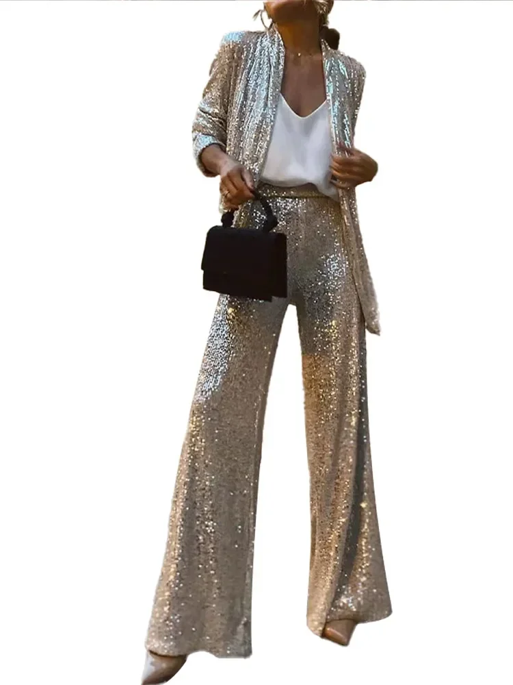 Elegant Women\'s Pants Sets Sequin 2024 Fall Winter Long Sleeve Lapel Casual All-match Tops Full Pant Office Lady 2 Pieces Sets