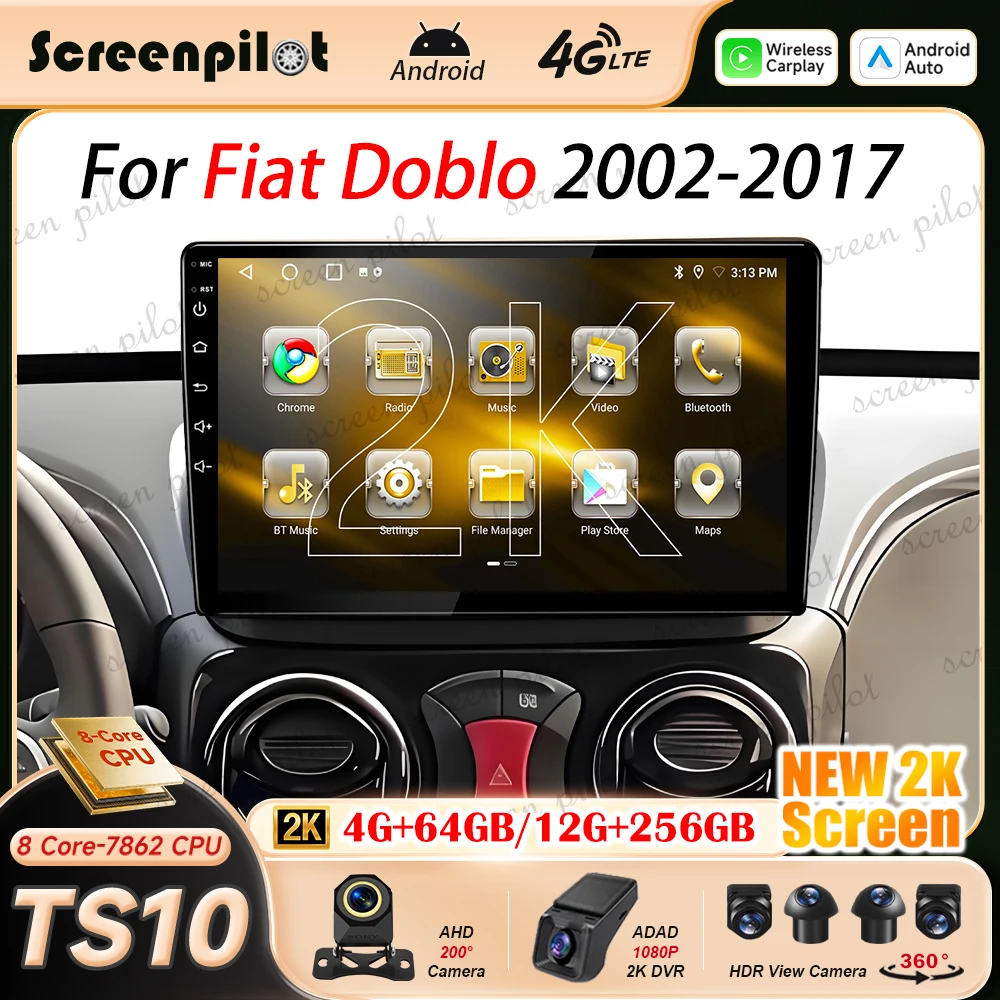 9 Inch Android 16 Car Radio Stereo For Fiat Doblo 2002 2003 2004 2005-2016 2017 Multimidia Player GPS Carplay AndroidAuto 5G RDS