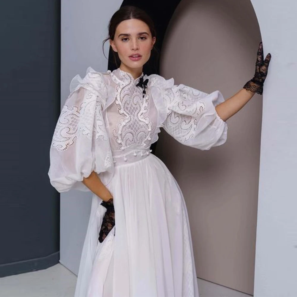 Three Quarter White Boho Lace Wedding Dresses  Short Sleeve Bridal Gowns 2022 New Women Party Dress Court Train Robe De