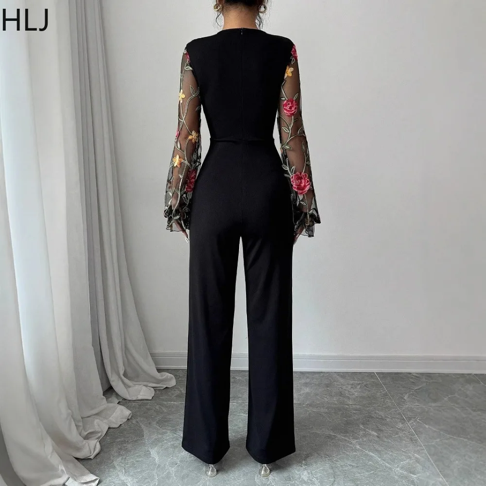 HLJ Black Fashion Mesh Embroidery Stitching Straight Jumpsuits Women O Neck Long Sleeve Slim One Piece Playsuits Female Overalls