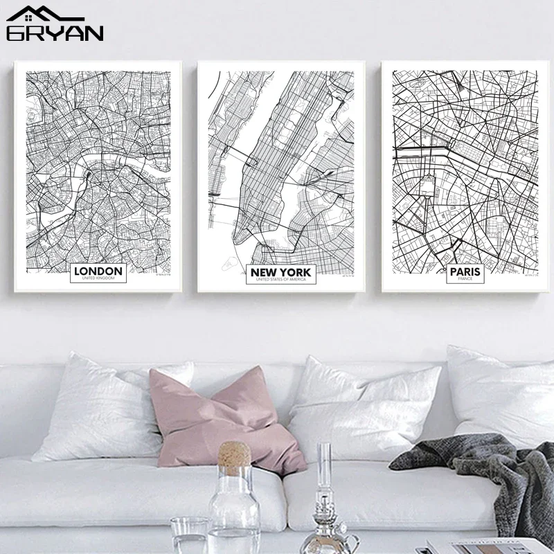 Black White World City Map Canvas Painting Madrid London New York Berlin City Line Wall Art Print Poster Room Decoration Picture