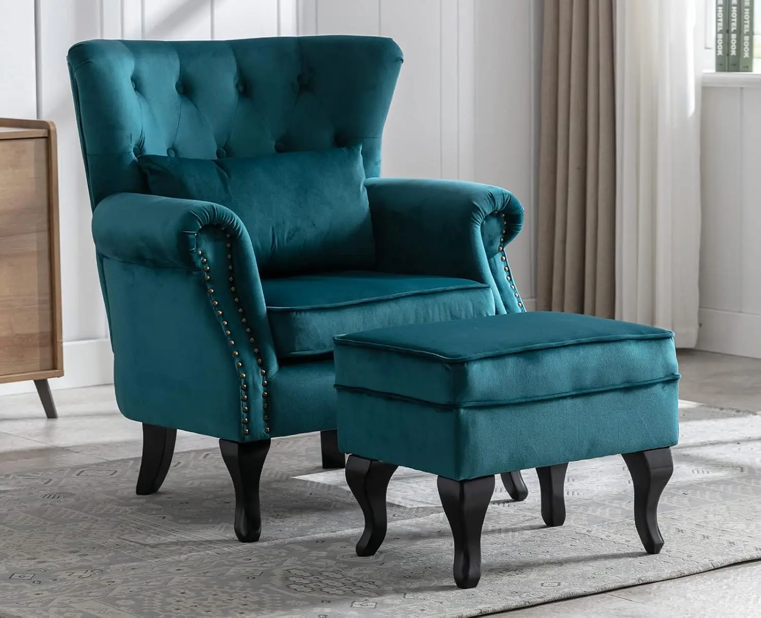 

Velvet Club Chair Tufted Throne Chair Mid Century Accent Wingback Chair with Ottoman Padded Seating Wood Legs Teal Blue