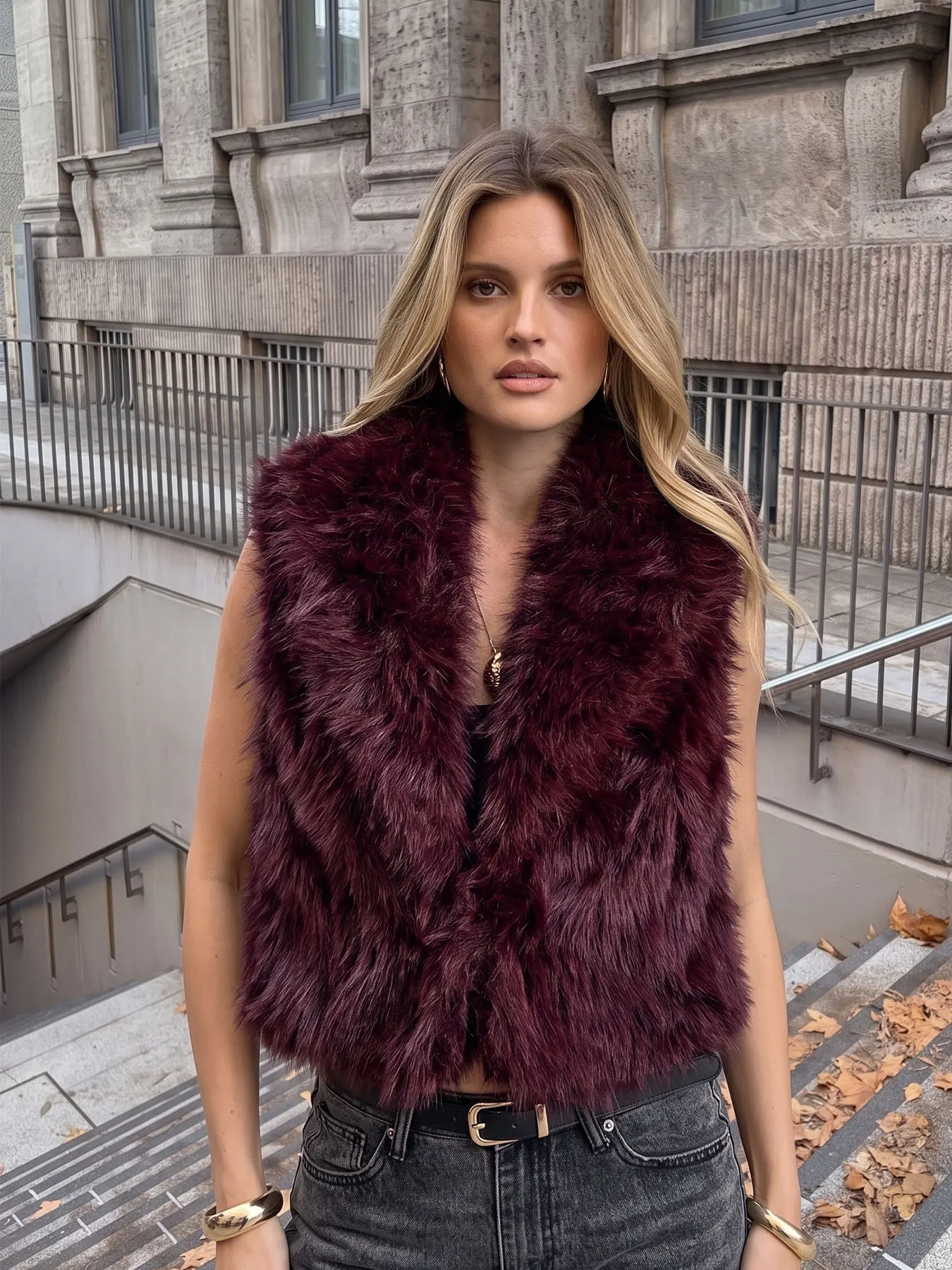 HH Women Elegant Solid Sleeveless Faux Fur Coat Casual Vest Tops V Neck Waistcoat Autumn Winter Street Fashion Commuting Outwear