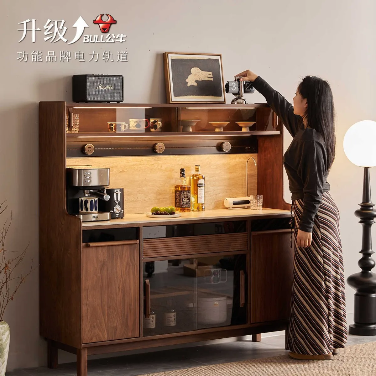 Black walnut semi-high dining side cabinet Solid wood storage cabinet Travertine dining side countertop locker