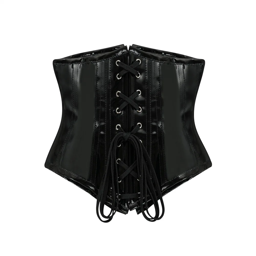 Oil Glossy PU Leather Underbust Corset for Women Steampunk Waist Trainer Zip Bustiers Body Shaper Black PVC Short Torso Corsets