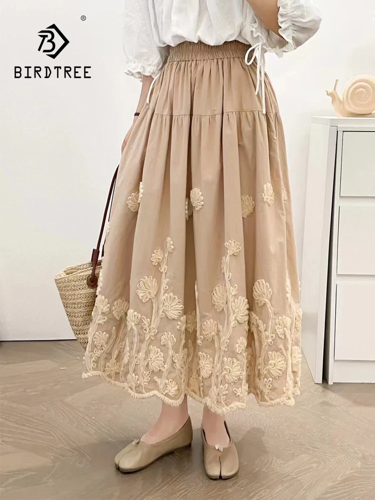 

Новинка 2026, весенняя хлопковая юбка, женская эластичная талия с 3D вышивкой, свободная юбка трапециевидной формы Mori Girl French Prairie Chic INS B5D680CC