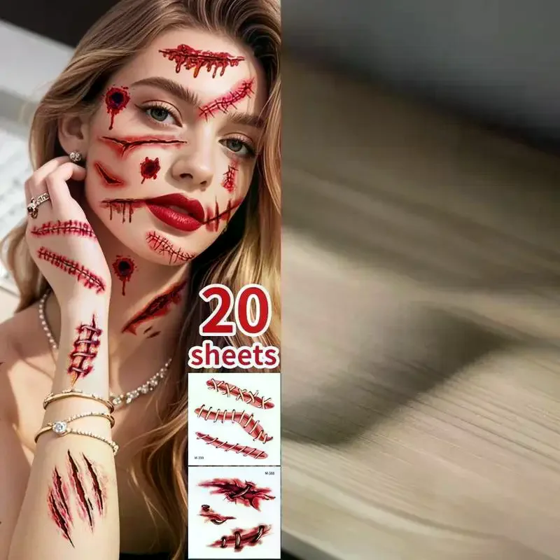 20 Sheets 3D Realistic Scar Tattoos - Waterproof Fake Bloody Wound Stickers For Halloween Cosplay Face & Body Makeup Adults​​