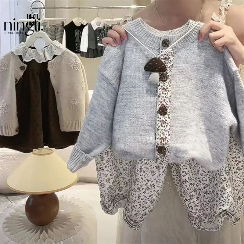 Girl Sweater Autumn New 2024 Knitting Cardigan Loose Coat Baby Broken Flowers Pants Casual Simple Fashion Sweet Korean Active