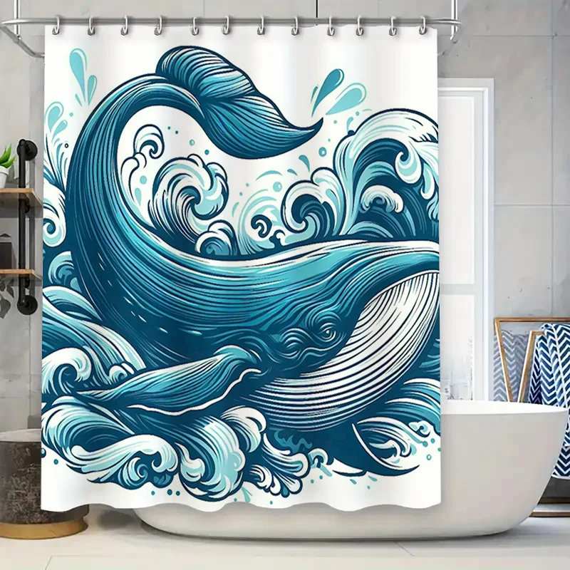 

Blue Whale Pattern Shower Curtain Bathroom Decor with Sea Wave Design in 3D Fabric for Home Decoration SizeW60 x L72 (152cm)