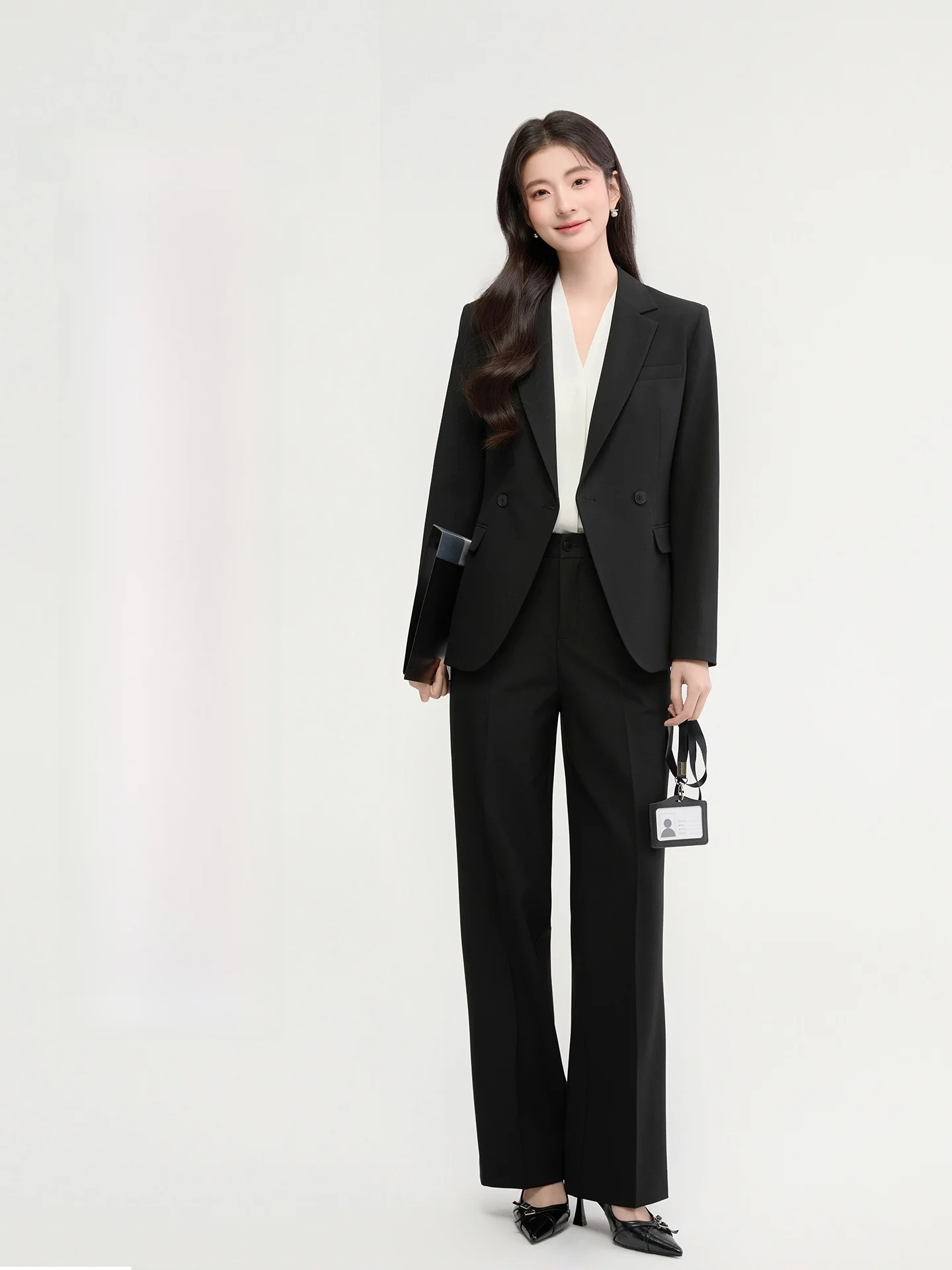 

Black Suit Set Women's Professional Interview Formal Wear Slim Fit Long Sleeve round Hem Plain Color Single Button Closure