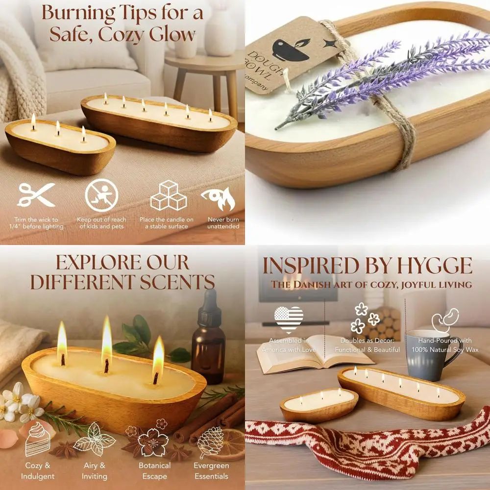 

Dough Bowl Candle Co. Lavender Soy Candle - 3 Wick Rustic Farmhouse Decor Odor Eliminator in Wooden Bowls, 20 Ounce Wooden Dough