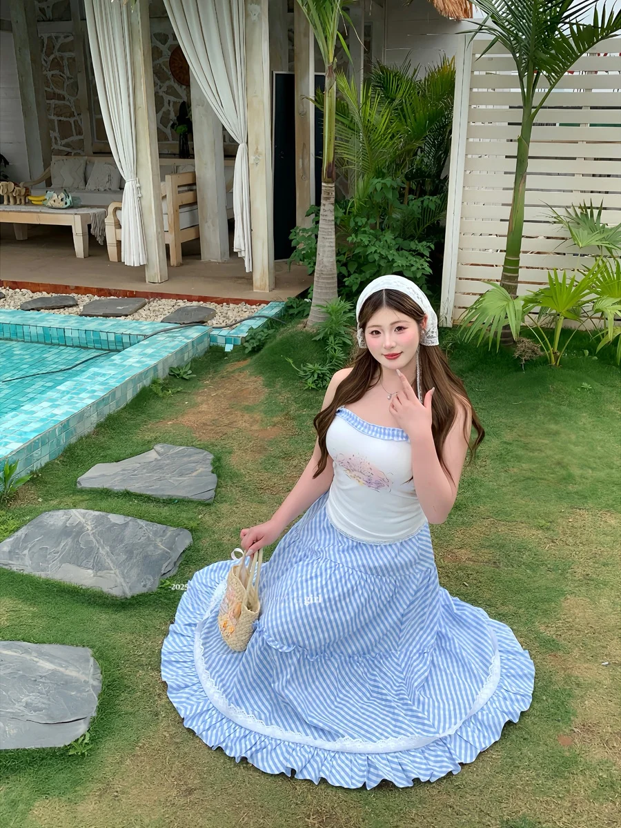 

SOUL Ice Blue Bubble Plaid Long Dr Slimming Strap Women's plus Size Korean Sle Fre Pure Desire Summer Outfit