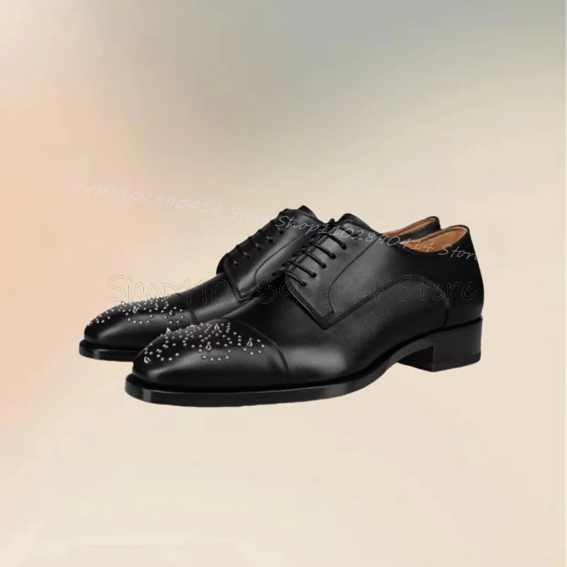 

Rivets Decor Black Square Toe Strappy Loafers Fashion Lace Up Men Shoes Luxurious Handmade Party Banquet Office Men Dress Shoes