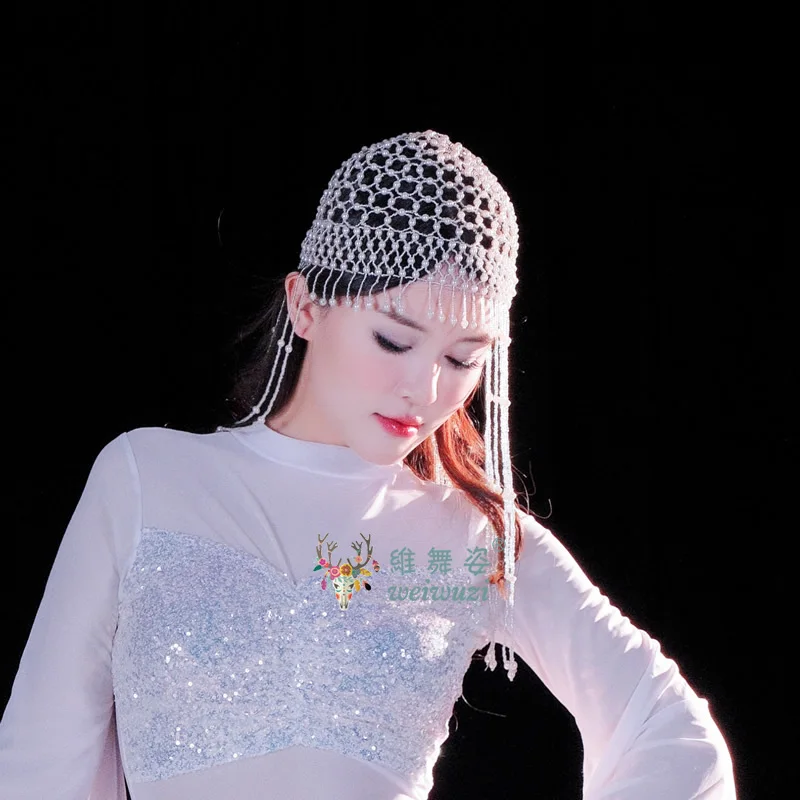 Bauchtanz-Performance-Kopfbedeckung, handgefertigt, exquisite Perlen-Quasten-Mütze für Damen, orientalischer Tanz, Bühnenwettbewerb, Kopfbedeckung – Detail 2