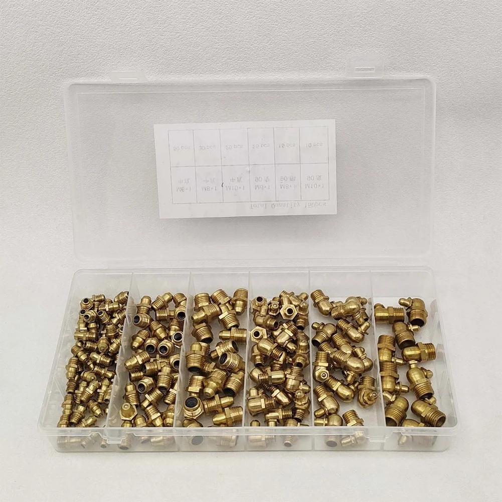Brass Grease Fitting Set 150pcs Transparent Compartment Box Straight and 90 Degree Elbow for Easy Identification