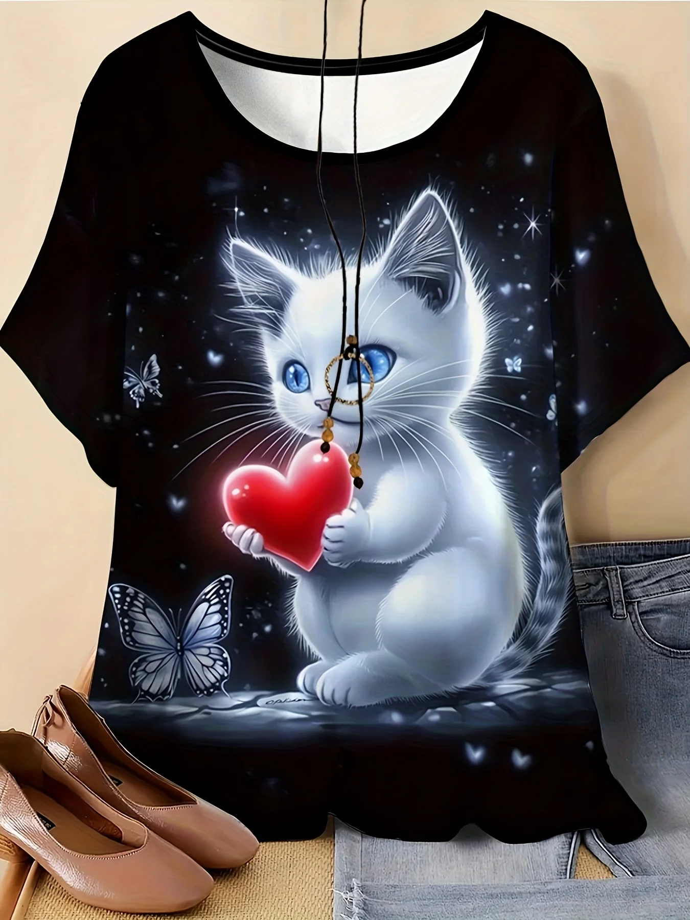 Women Round Neck Short Sleeve T‑shirt Cute White Cat Heart Butterfly Starry Print Loose Fit Casual Daily Tee Top Women's Clothes